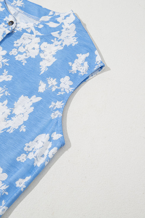 Myosotis Floral Print Half Button Wide Leg Relaxed Sleeveless Jumpsuit